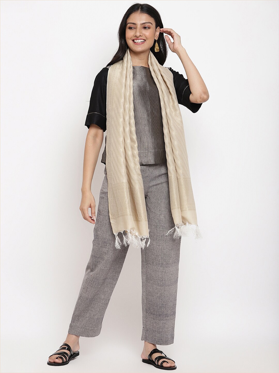 

Fabindia Women Beige & White Woven Design Stole