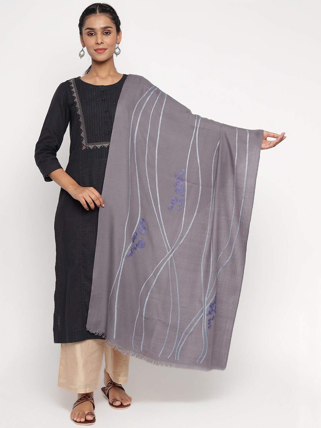 

Fabindia Women Grey & Blue Embroidered Stole