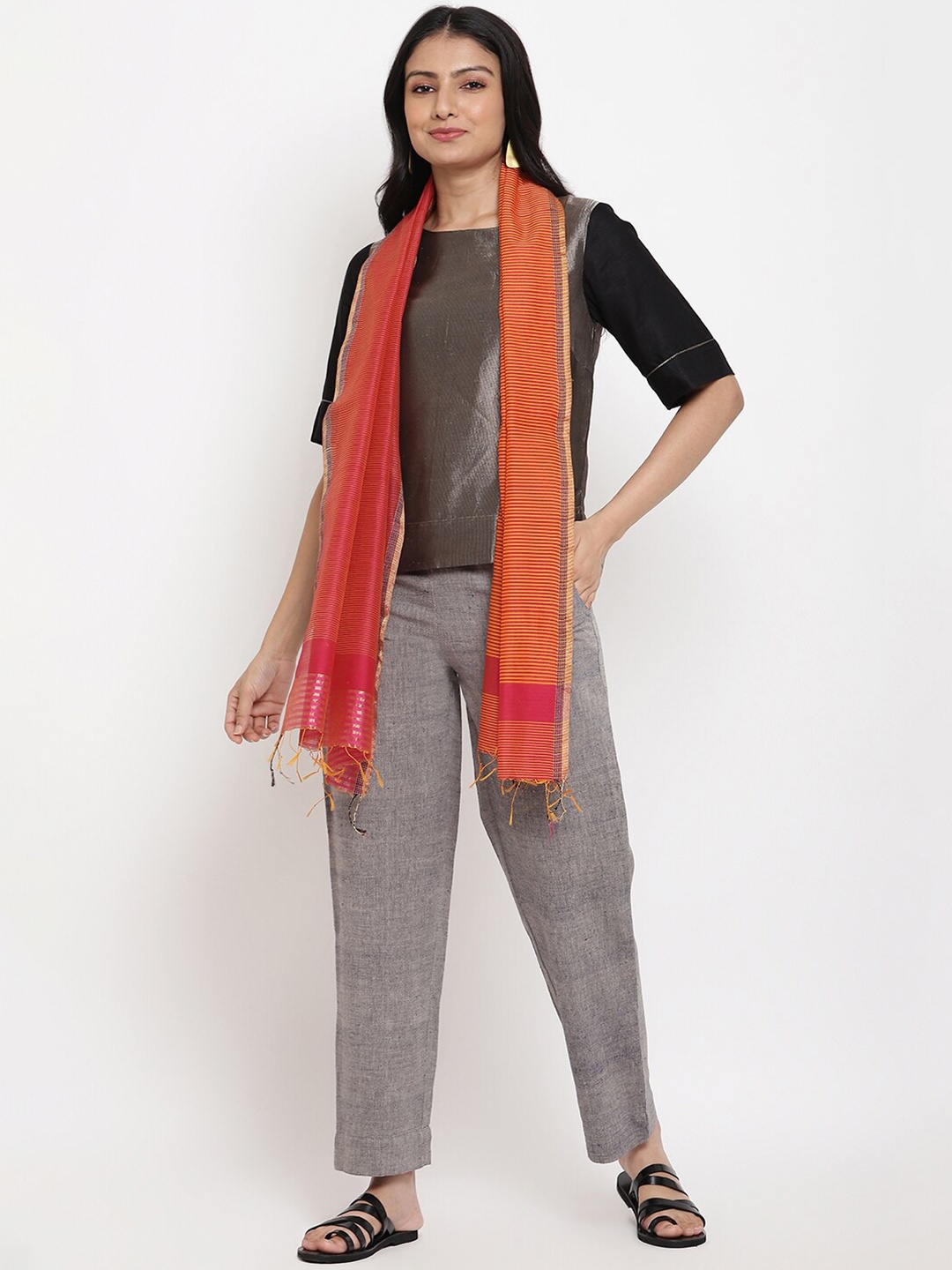 

Fabindia Women Magenta & Orange Striped Stole
