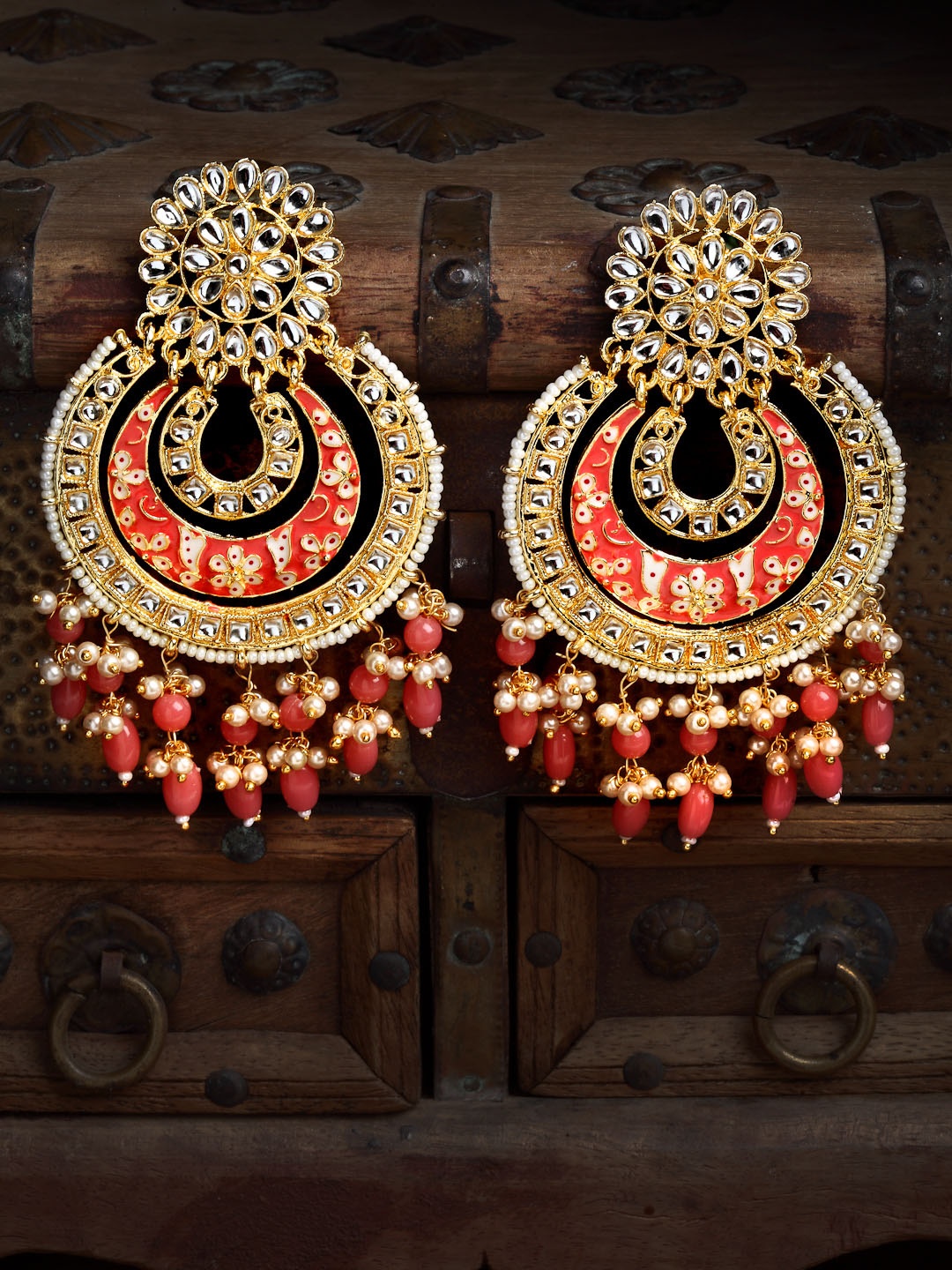 

PANASH Gold-Plated & Red Crescent Shaped Chandbalis Earrings