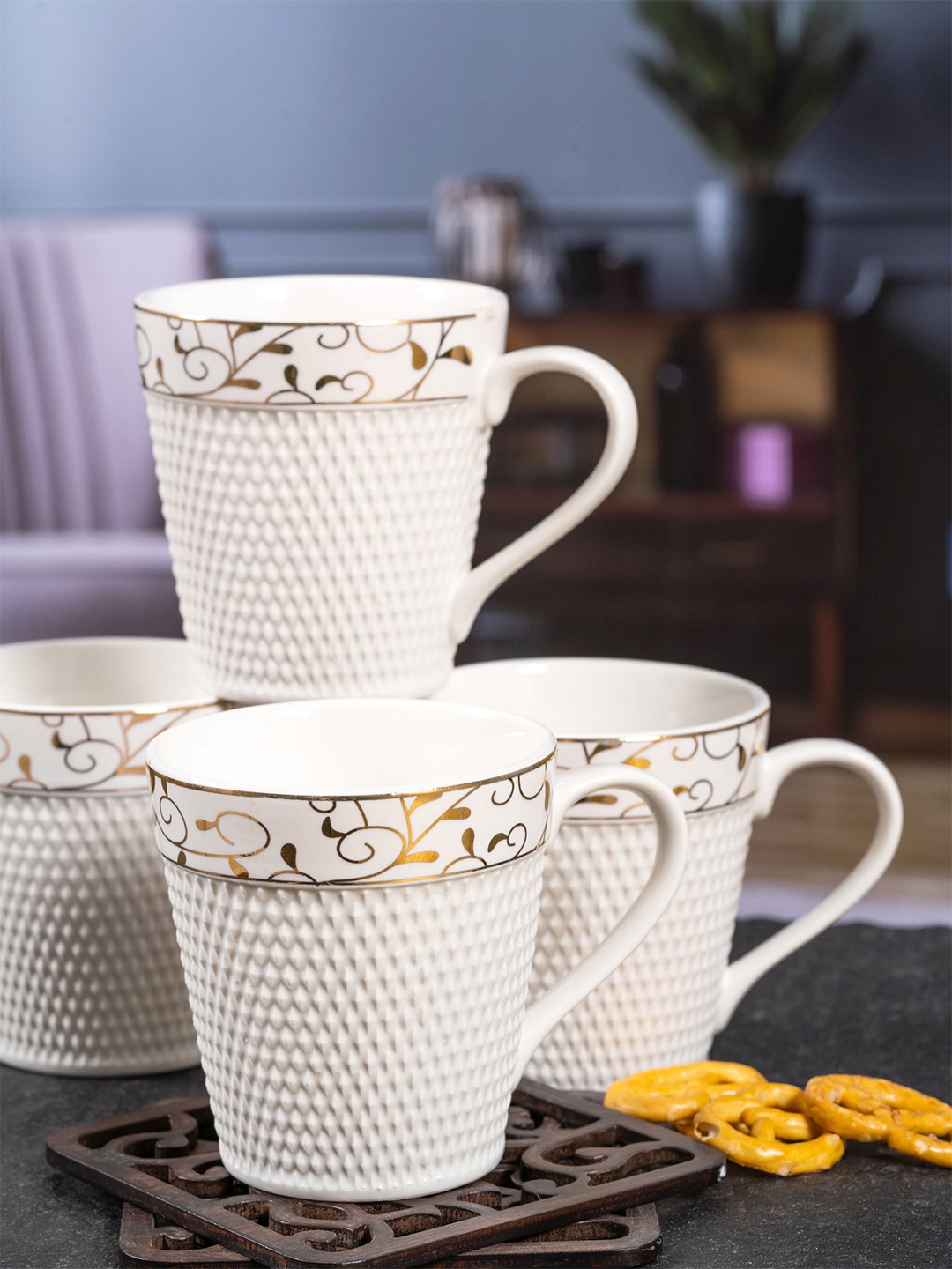 

White Gold Set of 6 White & Gold-Toned Ethnic Motifs Printed Porcelain Glossy Mugs