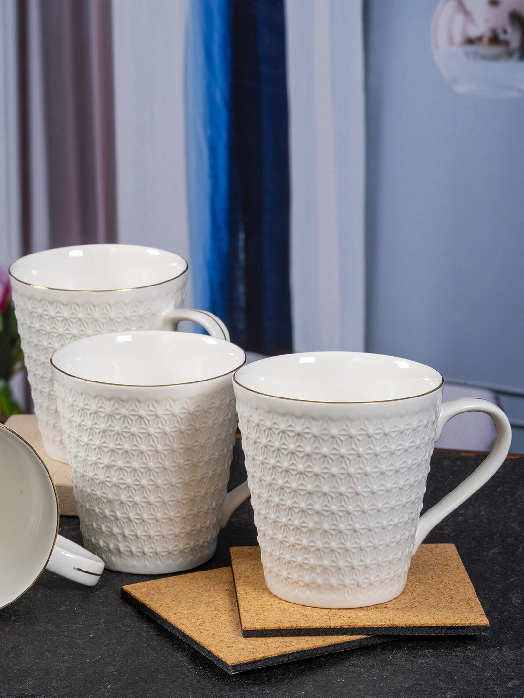 

White Gold White Floral Textured Porcelain Glossy Mugs Set of 6