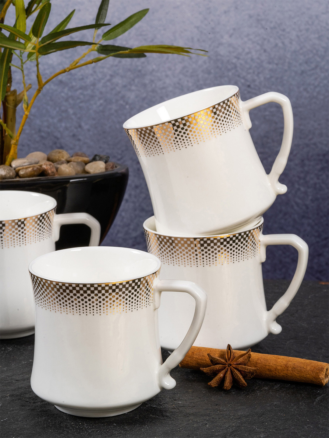 

White Gold Set of 6 White & Rose Geometric Printed Porcelain Coffee Glossy Mugs