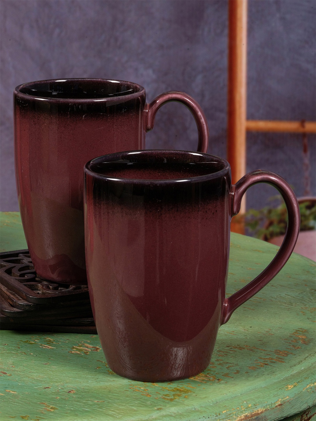 

White Gold Brown Set Of 2 Printed Porcelain Glossy Mugs