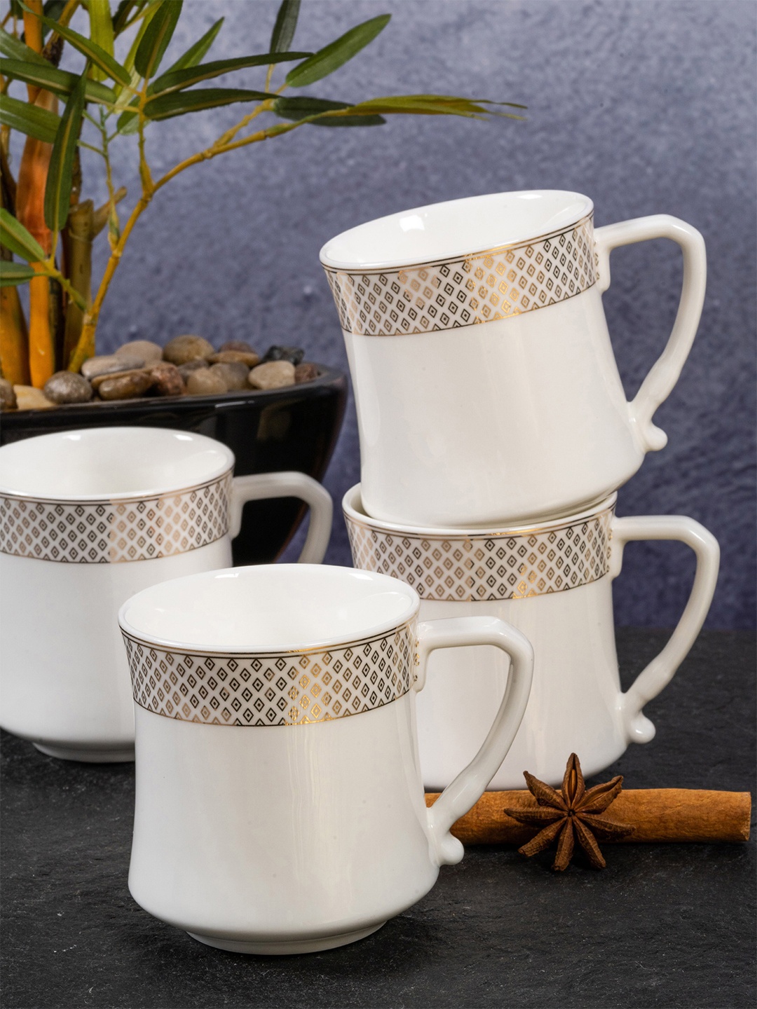 

White Gold Set of 6 White & Gold-Toned Printed Porcelain Glossy Mugs