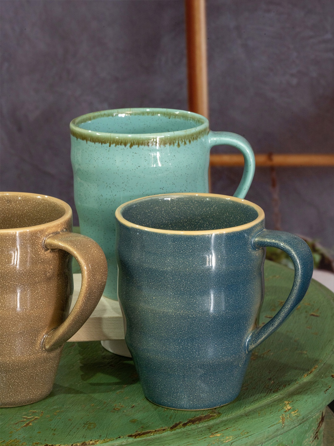 

White Gold Set of 3 Blue & Turquoise Blue Solid Porcelain Glossy Mugs