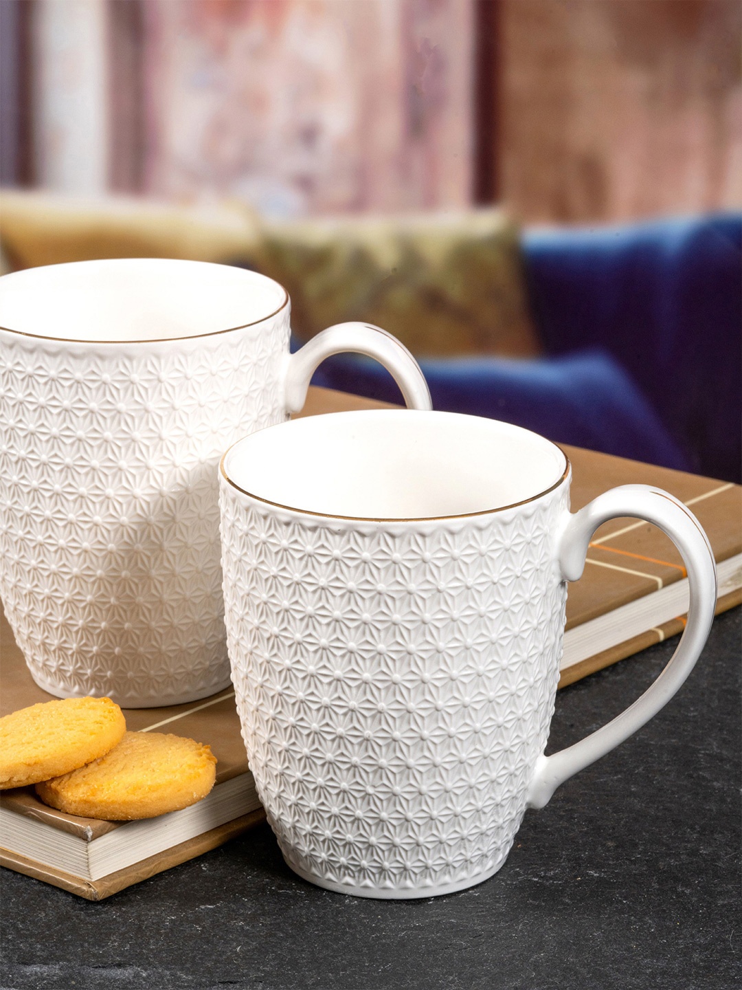

White Gold White Floral Textured Porcelain Glossy Mugs Set