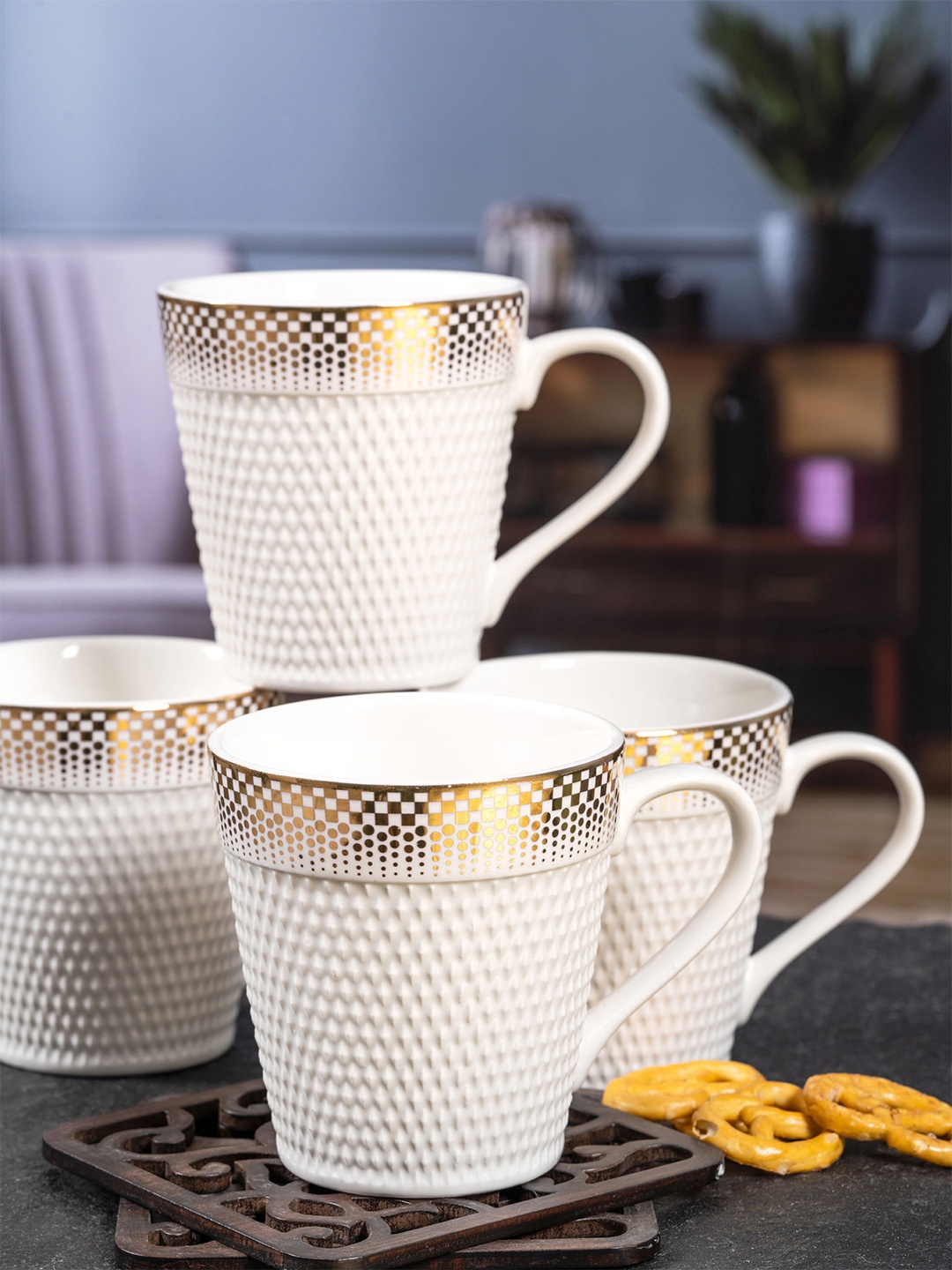 

White Gold White & Gold-Toned 6-Pieces Geometric Printed Porcelain Coffee Mugs Set