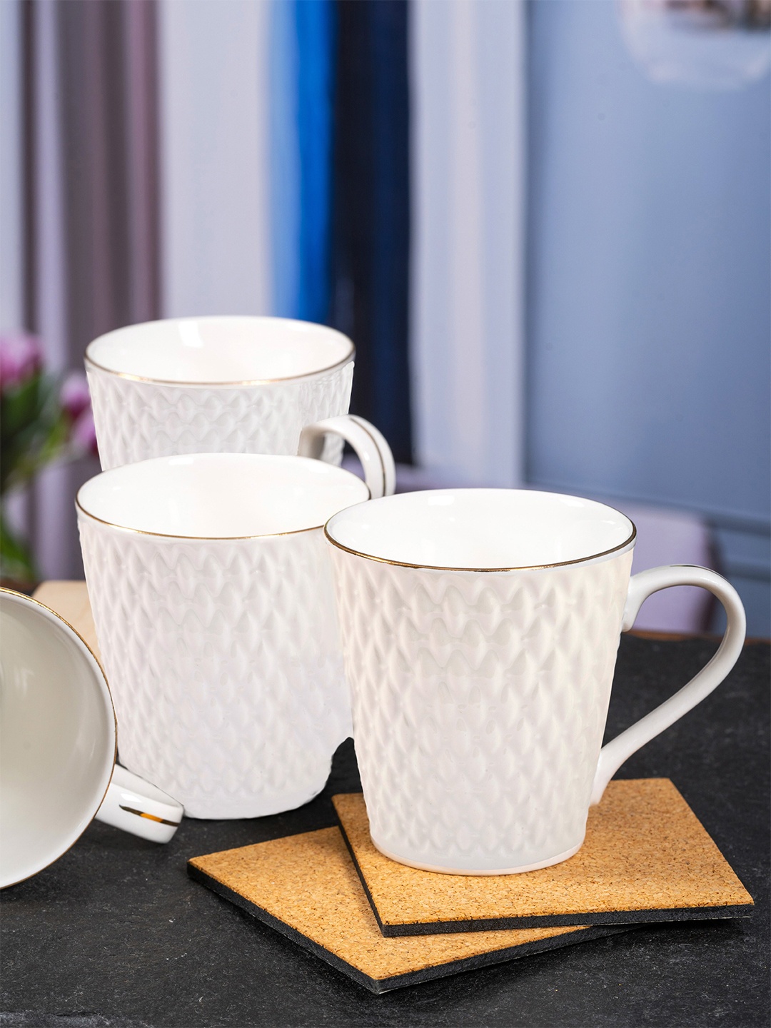

White Gold Set Of 6 White Floral Textured Porcelain Glossy Cups