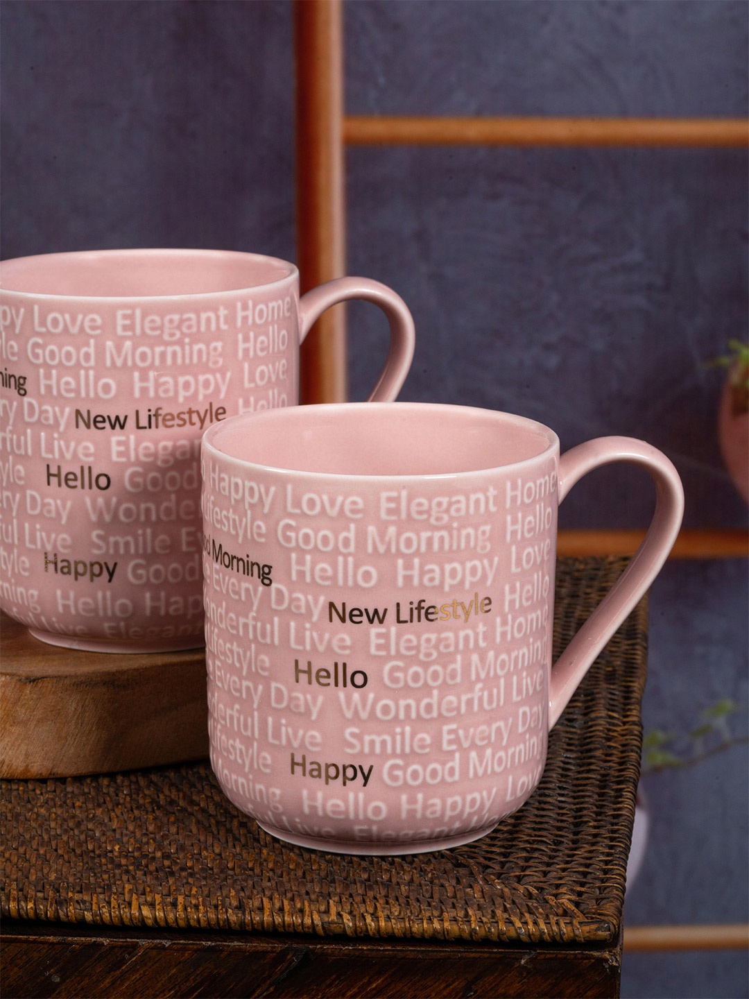 

White Gold Pink Set Of 2 Porcelain Glossy Mugs