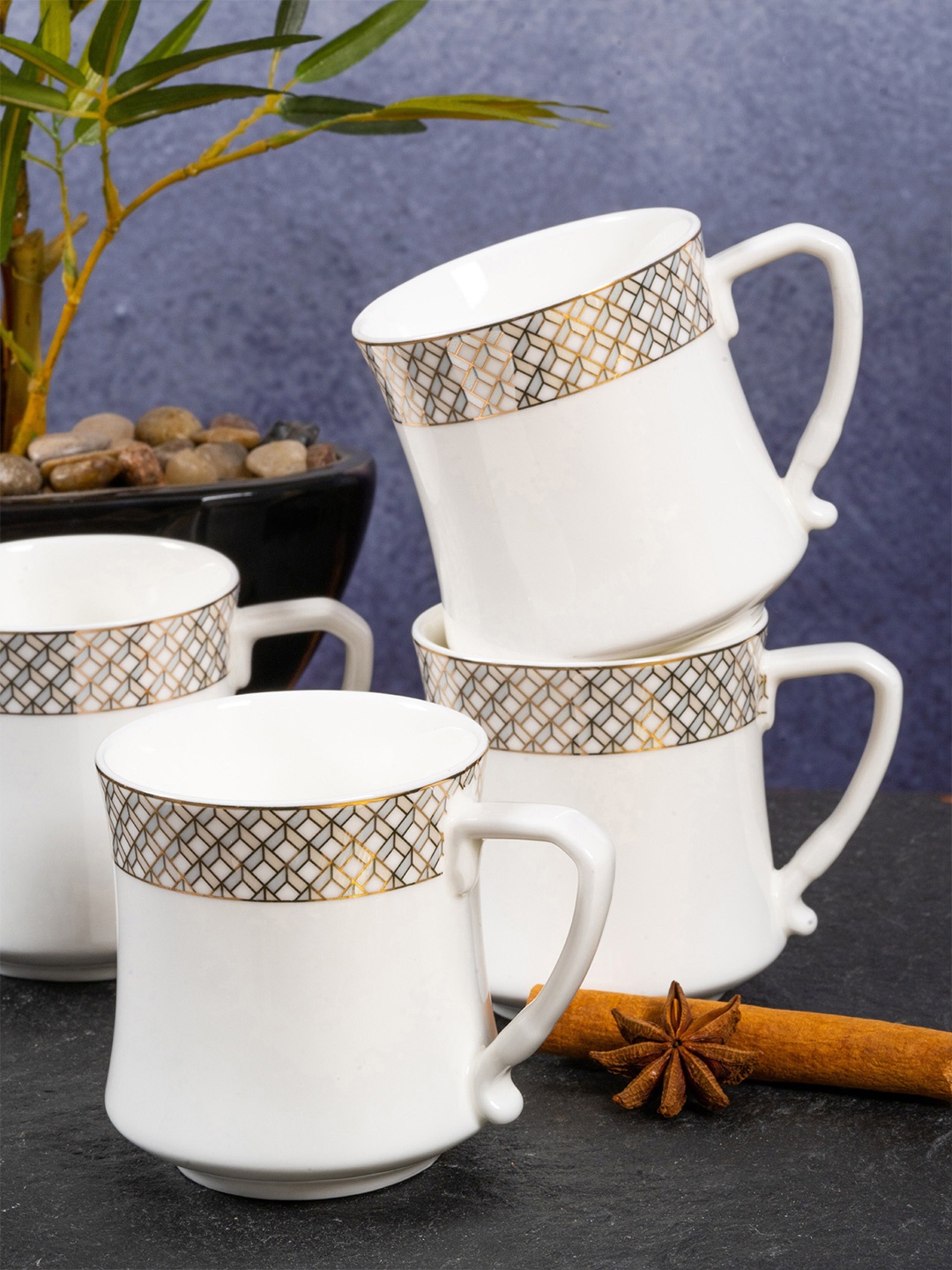 

White Gold Set Of 6 White & Gold-Toned Geometric Printed Porcelain Glossy Cups