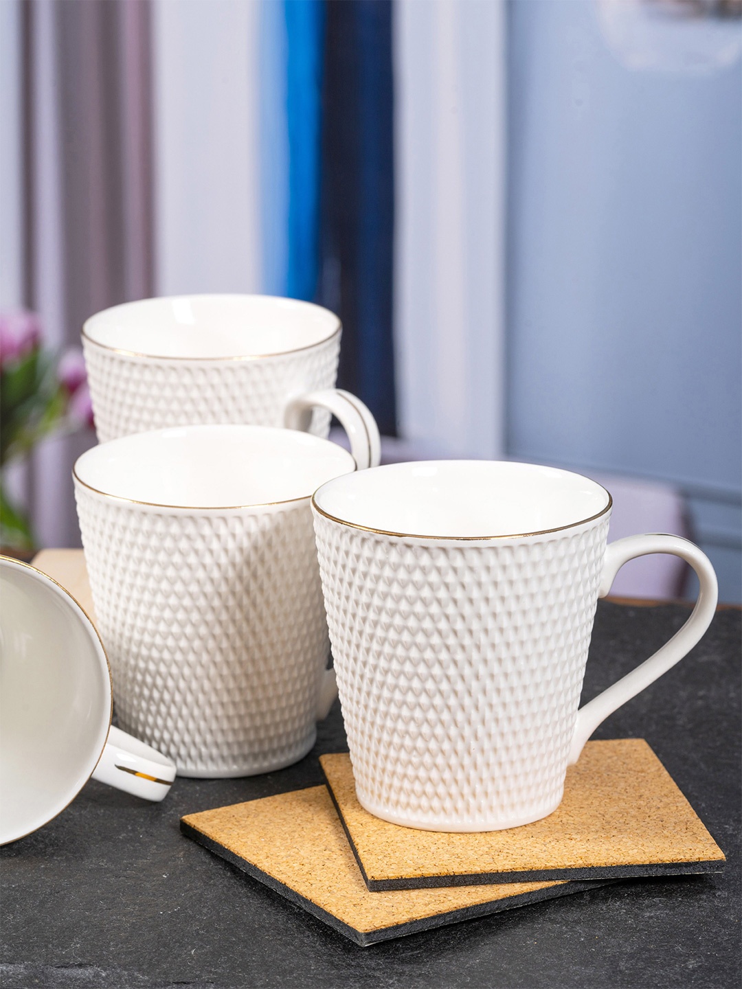 

White Gold White Textured 6-Pieces Porcelain Glossy Coffee Mugs Set