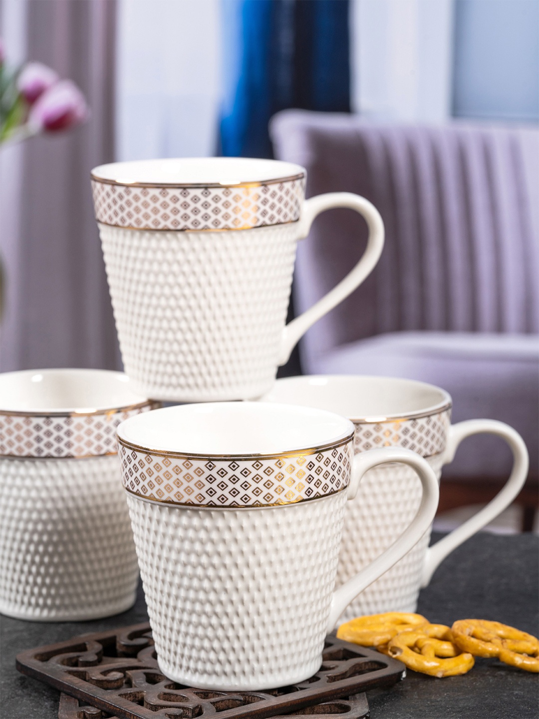 

White Gold White & Gold-Toned Set Of 6 Porcelain Glossy Mugs