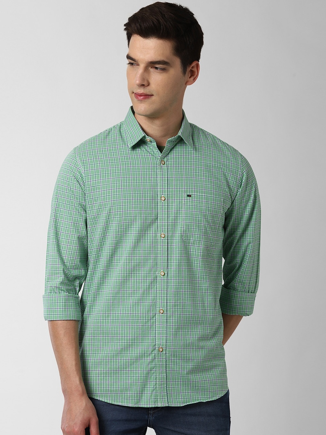 

Peter England Casuals Men Green Slim Fit Grid Tattersall Checks Opaque Checked Casual Shirt