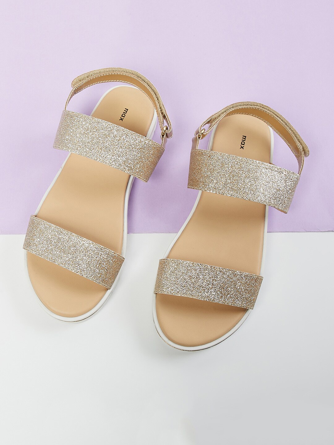 

max Girls Gold-Toned Embellished Open Toe Flats