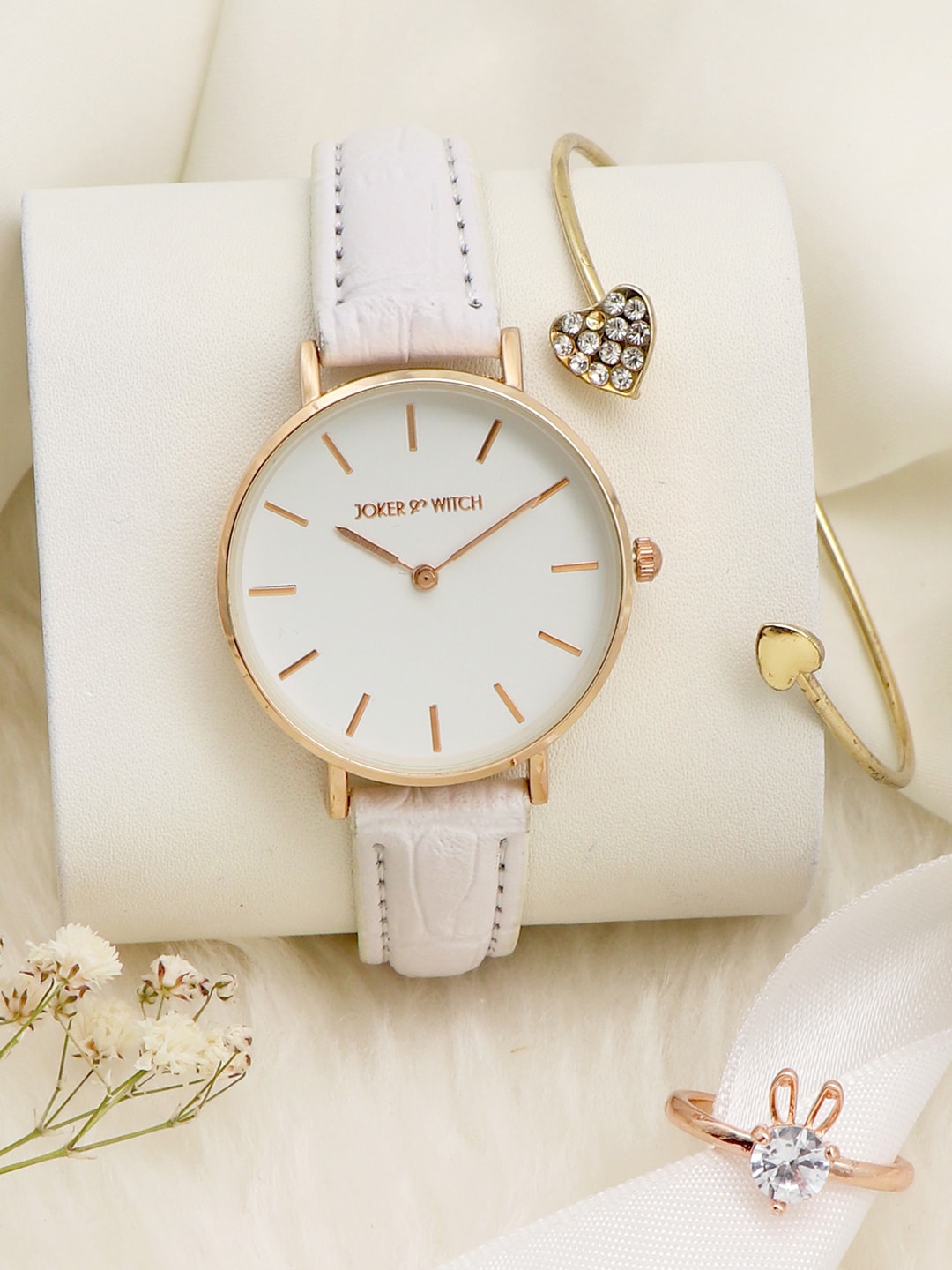 

JOKER & WITCH Women White & Gold-Toned Watch Bracelet Ring Stack Gift Set