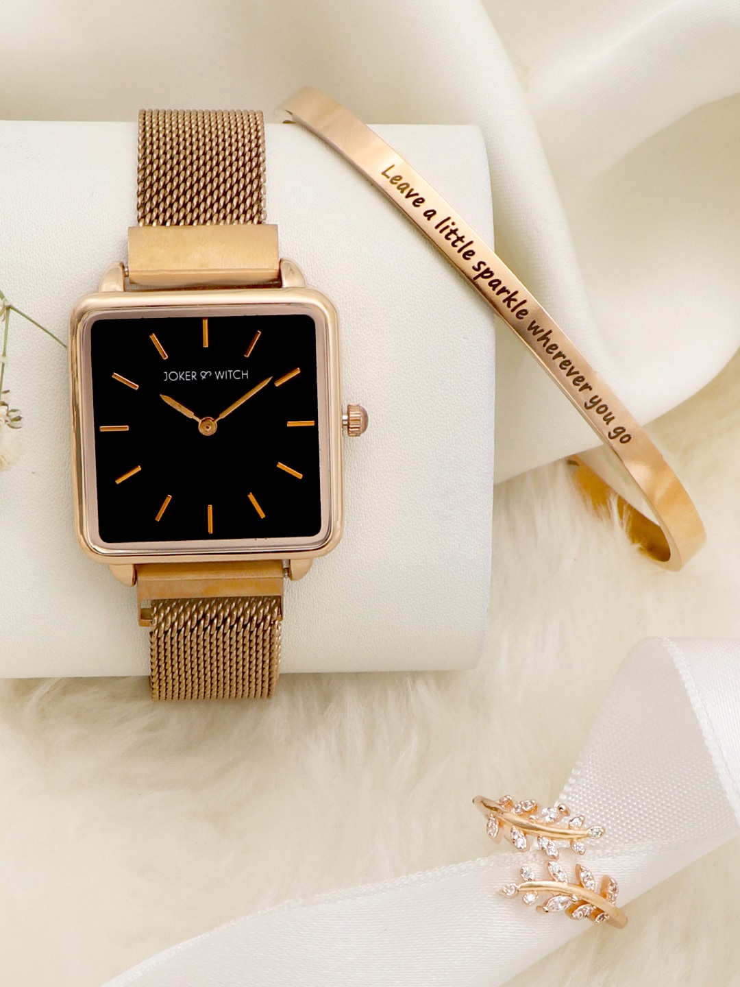 

JOKER & WITCH Women Gold-Toned & Black Watch With Bracelet & Rings Gift Set