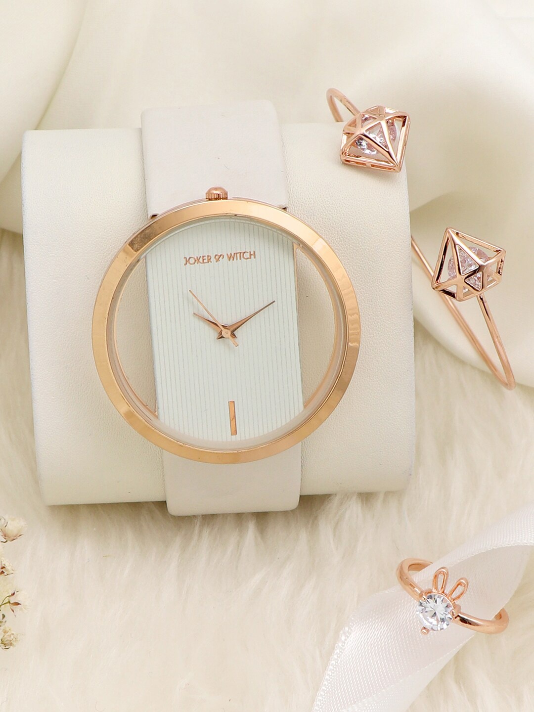 

JOKER & WITCH Women White & Rose Gold-Toned Frosting Love Triangle Watch Set JWLT375