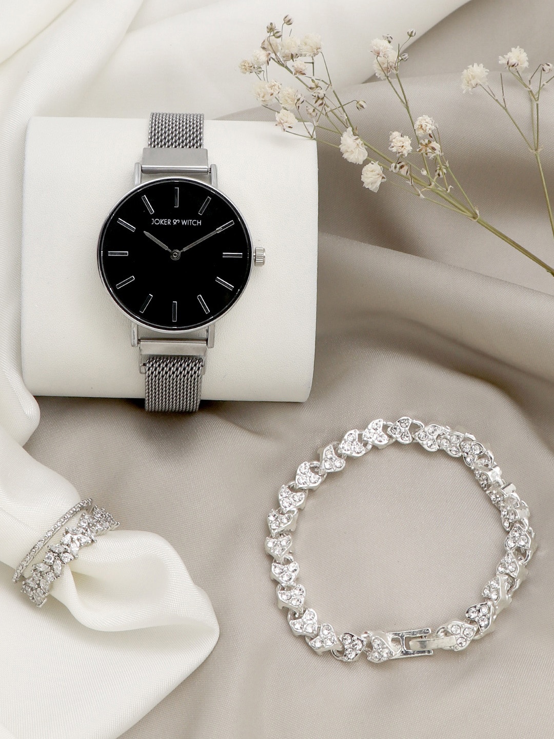 

JOKER & WITCH Women Black Silver Toned Watch With Bracelet & Ring Gift Set JWLT365