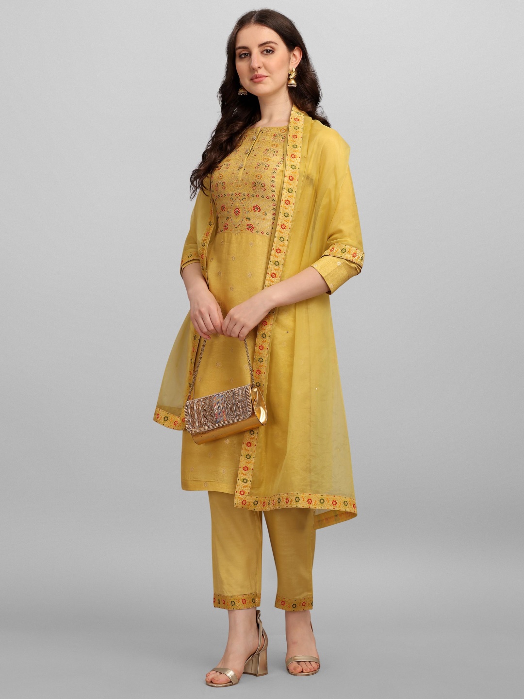 

Seerat Meena Neck Jacquard Kurti With Oranza Dupatta And Palazzo, Mustard