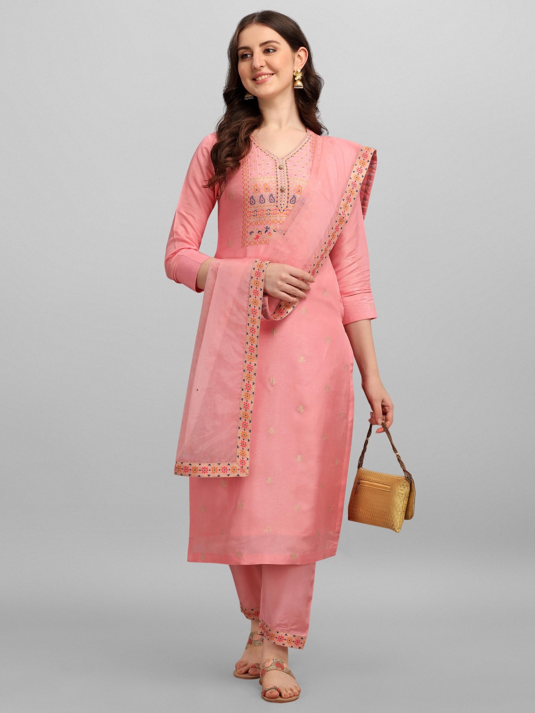 

Seerat Meena Neck Jacquard Kurti With Oraganza Dupatta And Palazzo, Pink