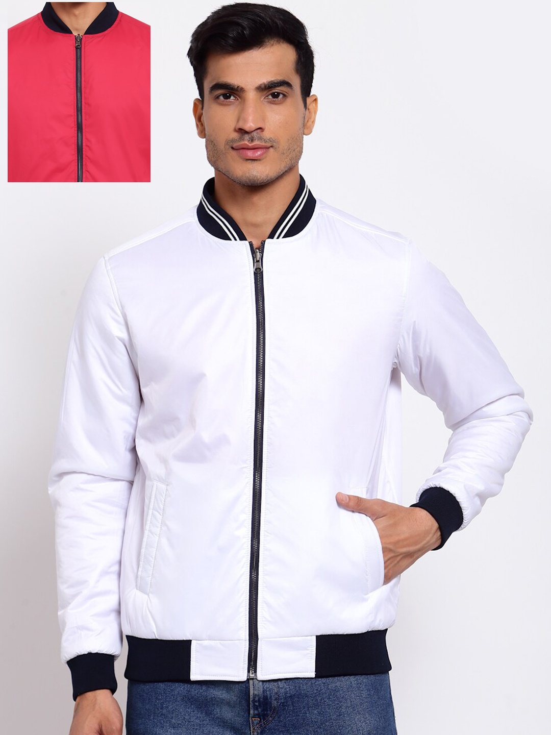 

Style Quotient Men White & Coral Reversible Outdoor Varsity Jacket