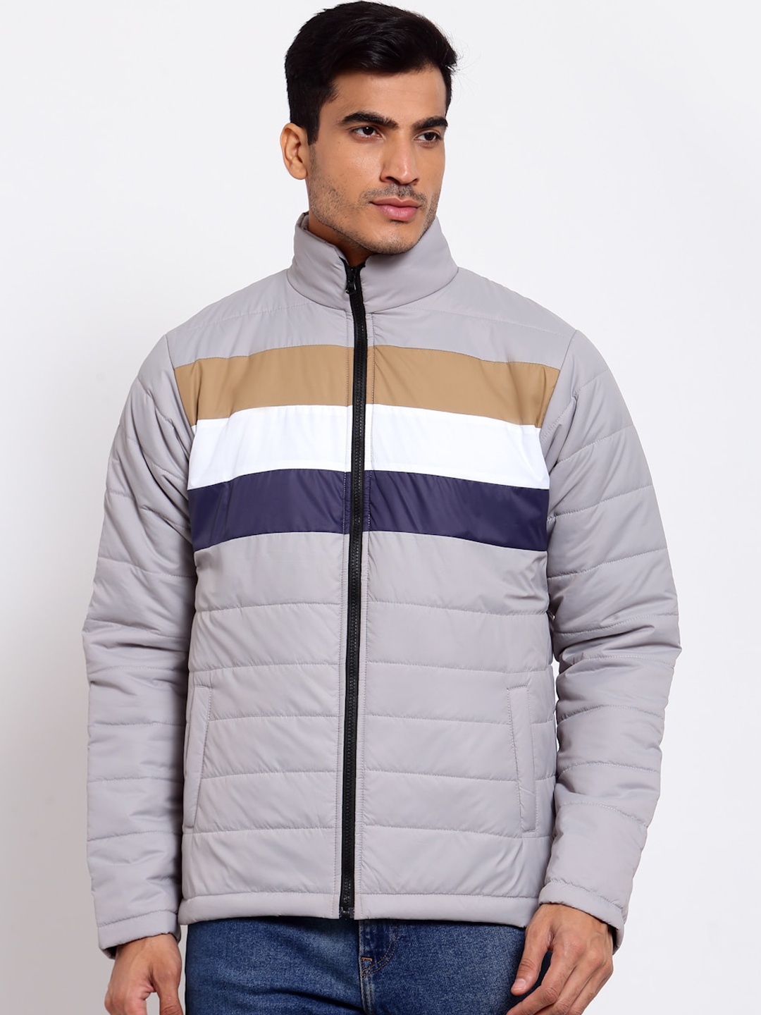 

Style Quotient Men Grey & Navy Blue Striped Lightweight Outdoor Padded Jacket