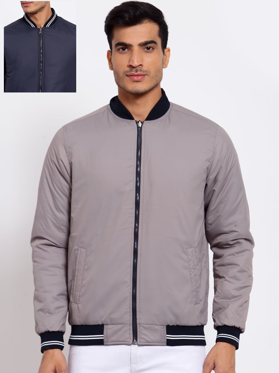 

Style Quotient Men Navy Blue Reversible Bomber Jacket