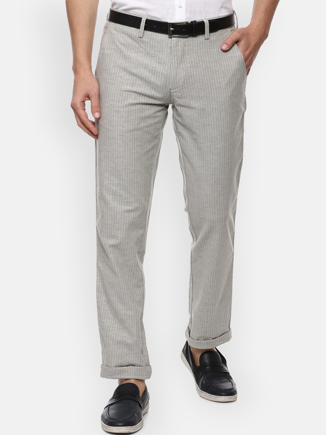 

Louis Philippe Sport Men Grey Striped Cotton Linen Slim Fit Trousers
