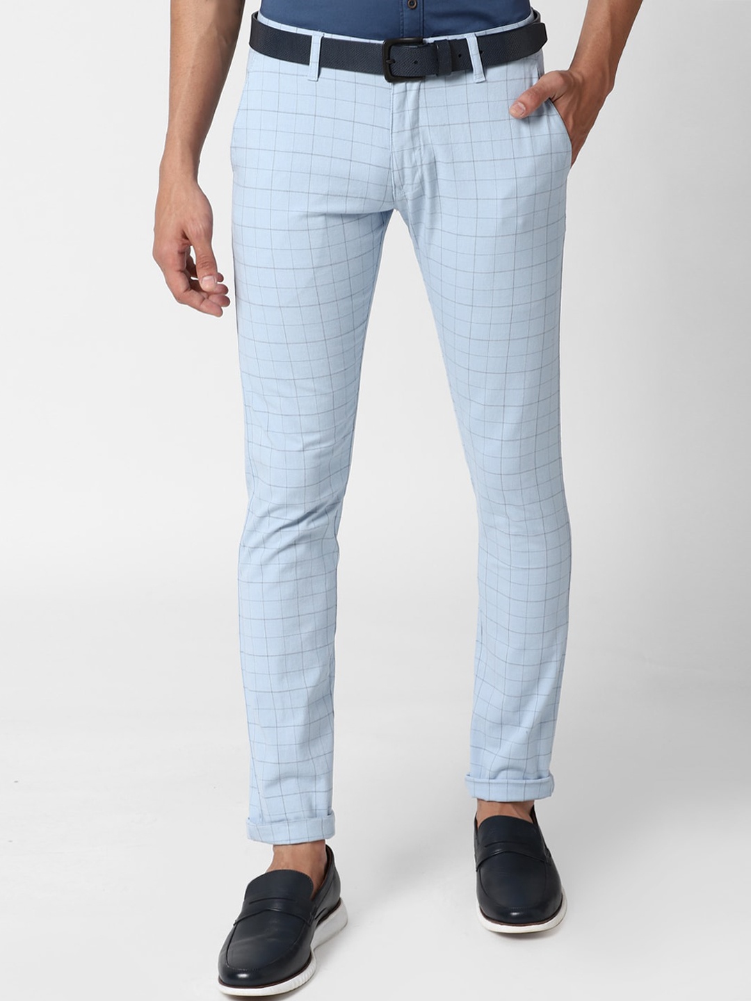 

Peter England Casuals Men Blue Checked Skinny Fit Mid Rise Chinos