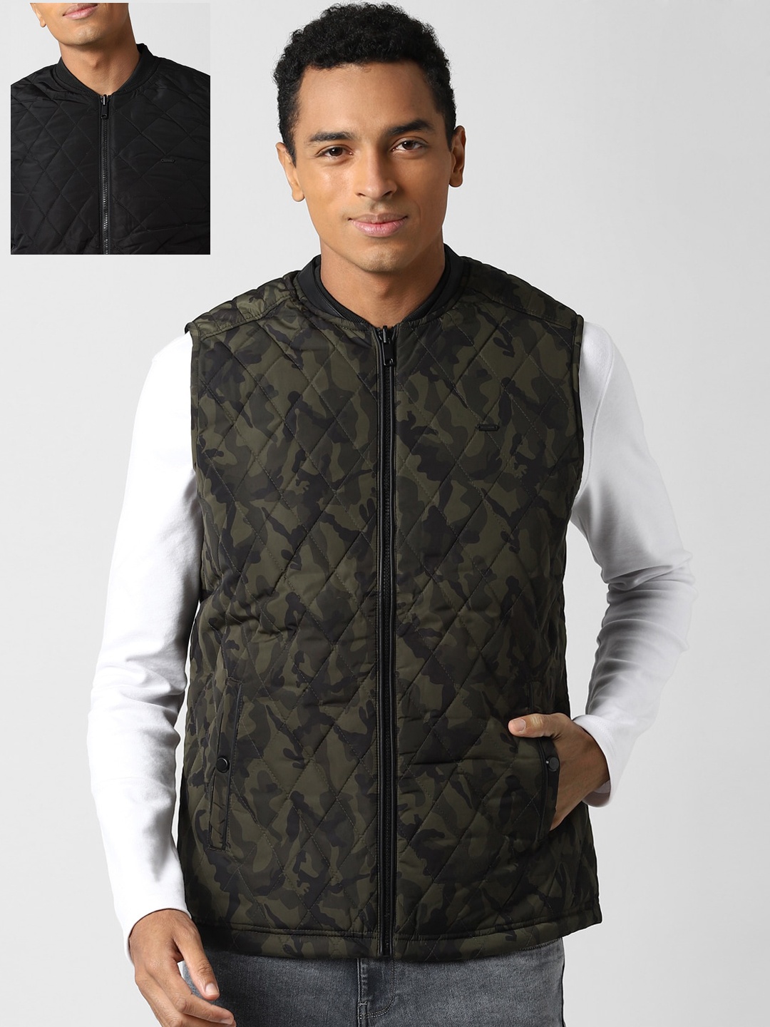 

Peter England Casuals Men Olive Camouflage Quilted Reversible Jacket