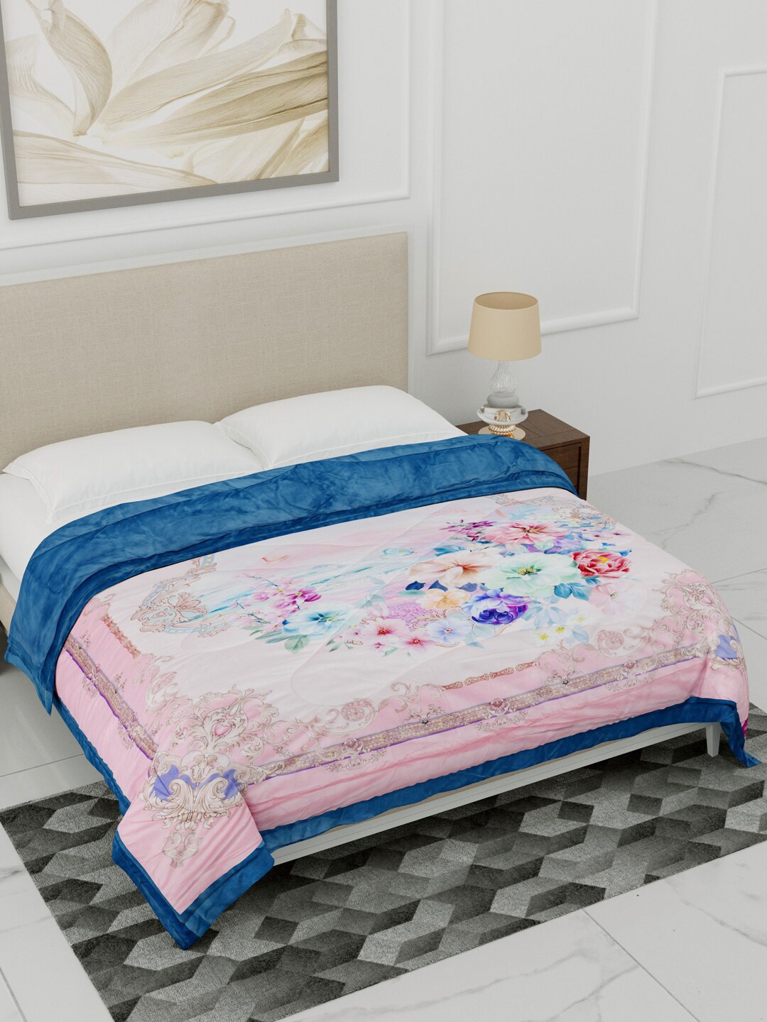 

Home Fresh Pink & Blue Floral Printed Heavy Winter 1000 GSM Single Bed Comforter