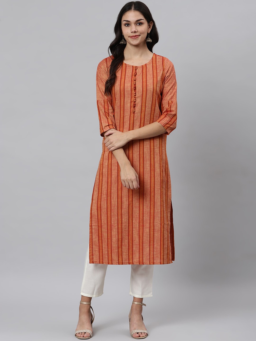 

Os Women Rust Striped Flared Sleeves Kurta