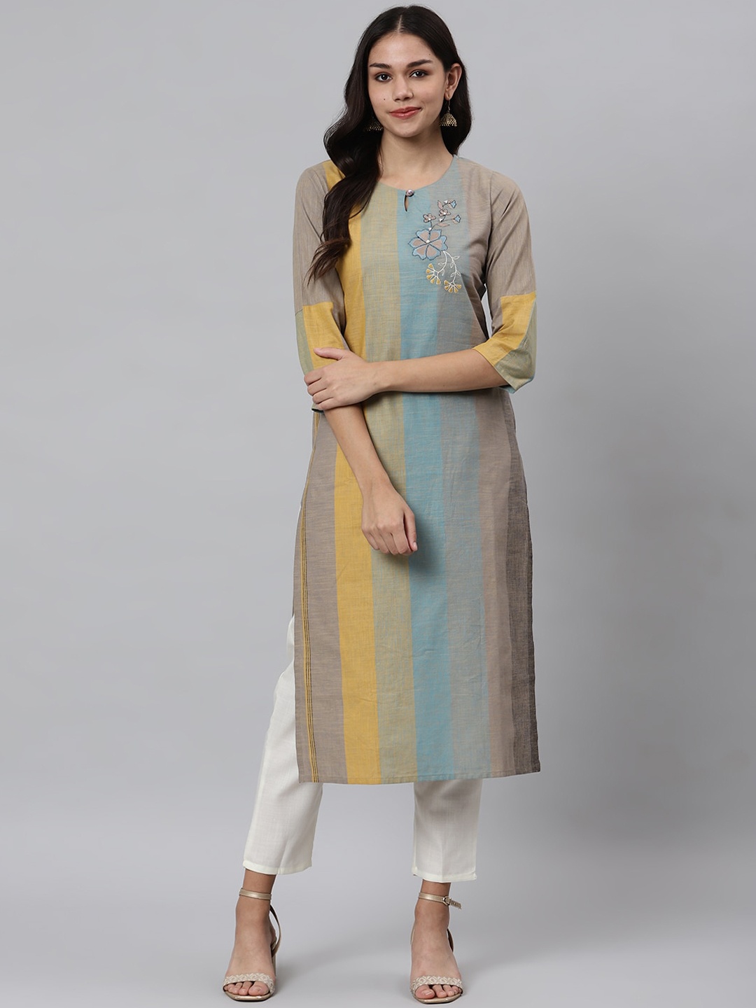 

Os Women Brown & Yellow Striped Keyhole Neck Thread Work Cotton Kurta