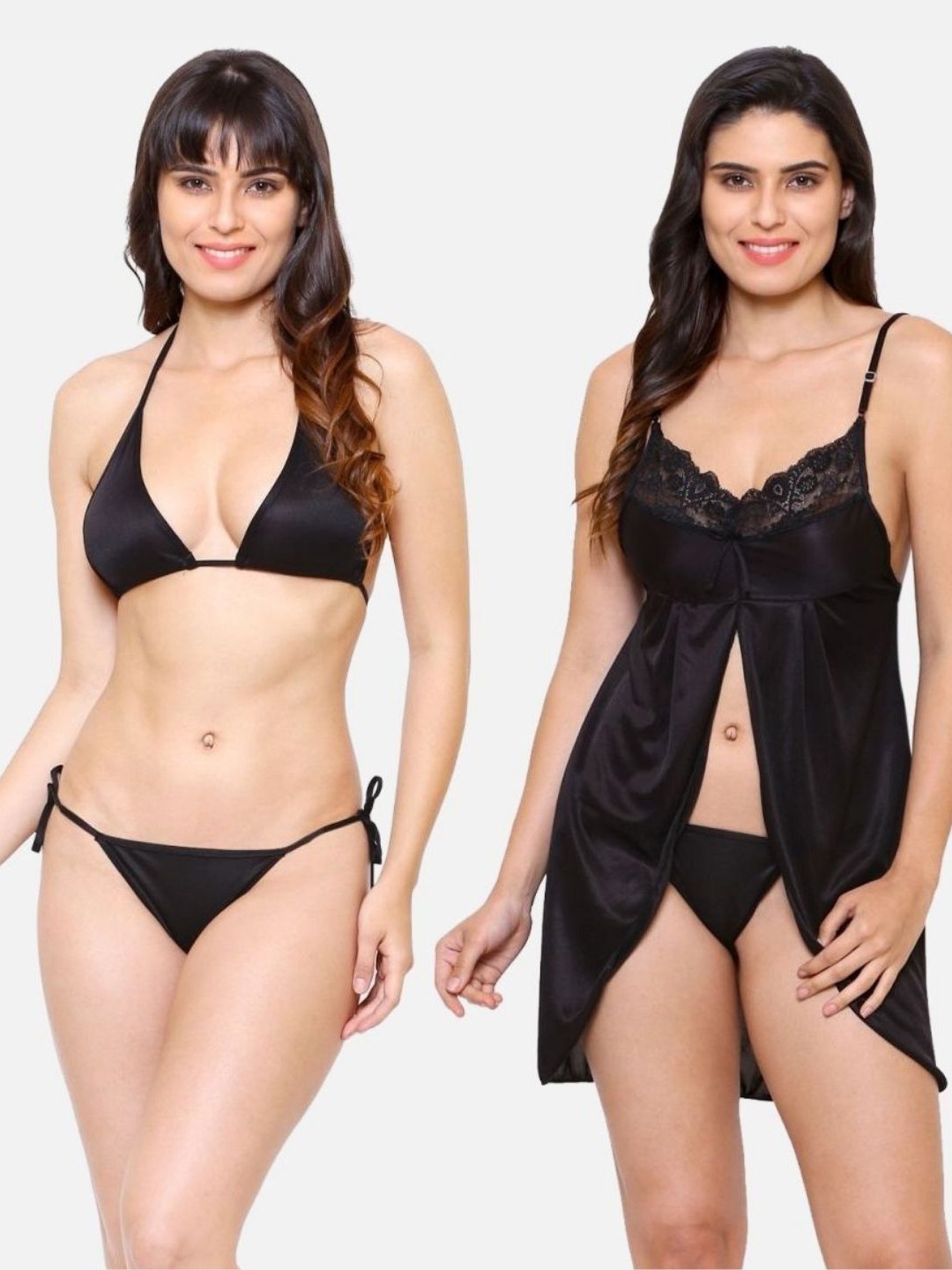 

Klamotten Black Satin Baby Doll With Lingerie Set