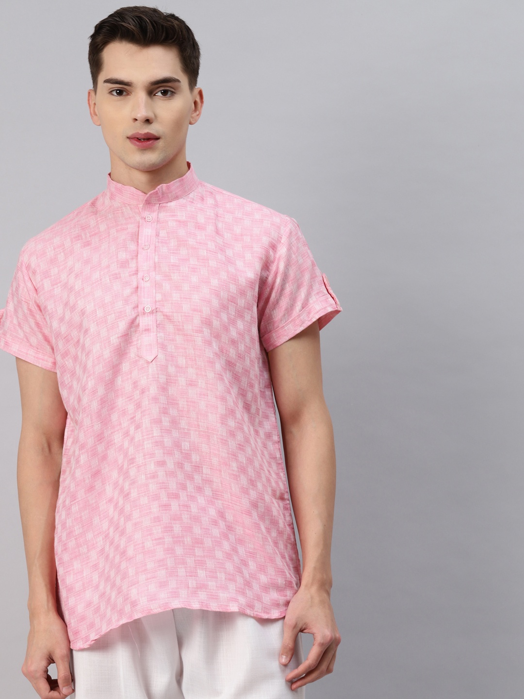 

MAG Men Pink & White Checked Regular Kurta