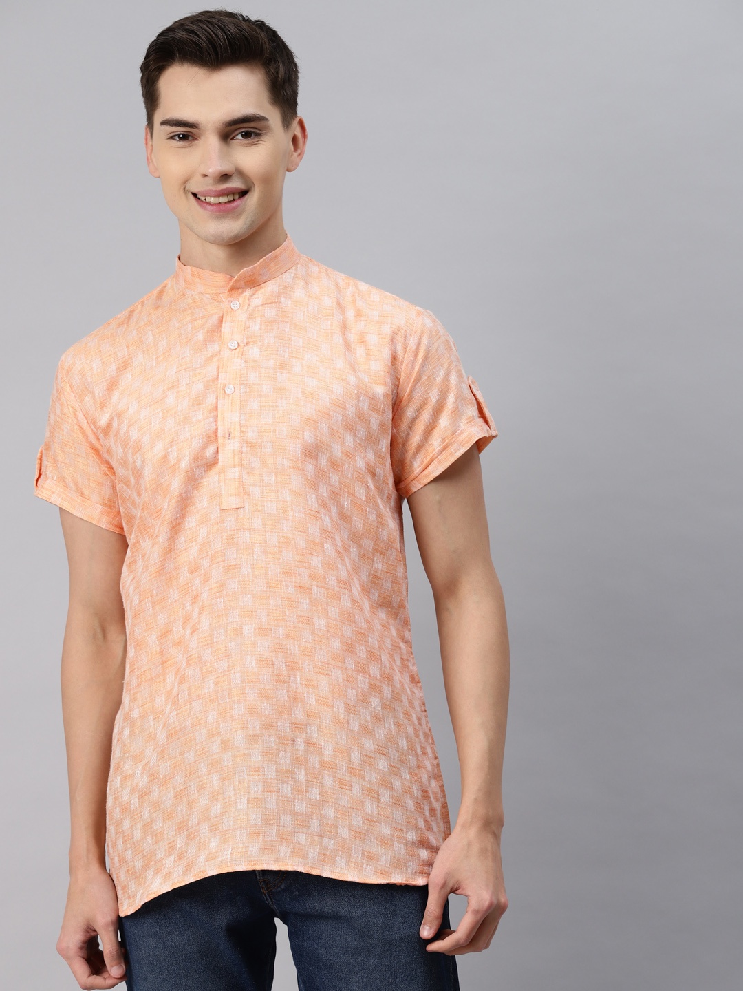 

MAG Men Orange & White Checked Solid Regular Kurta