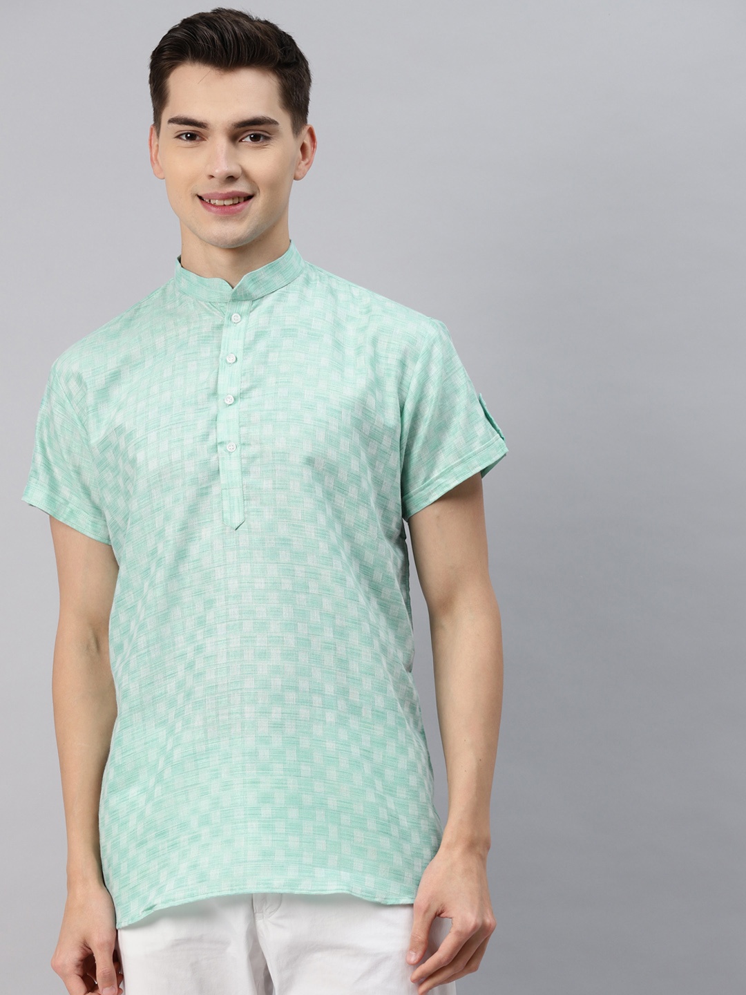 

MAG Men Green & White Checked Regular Kurta