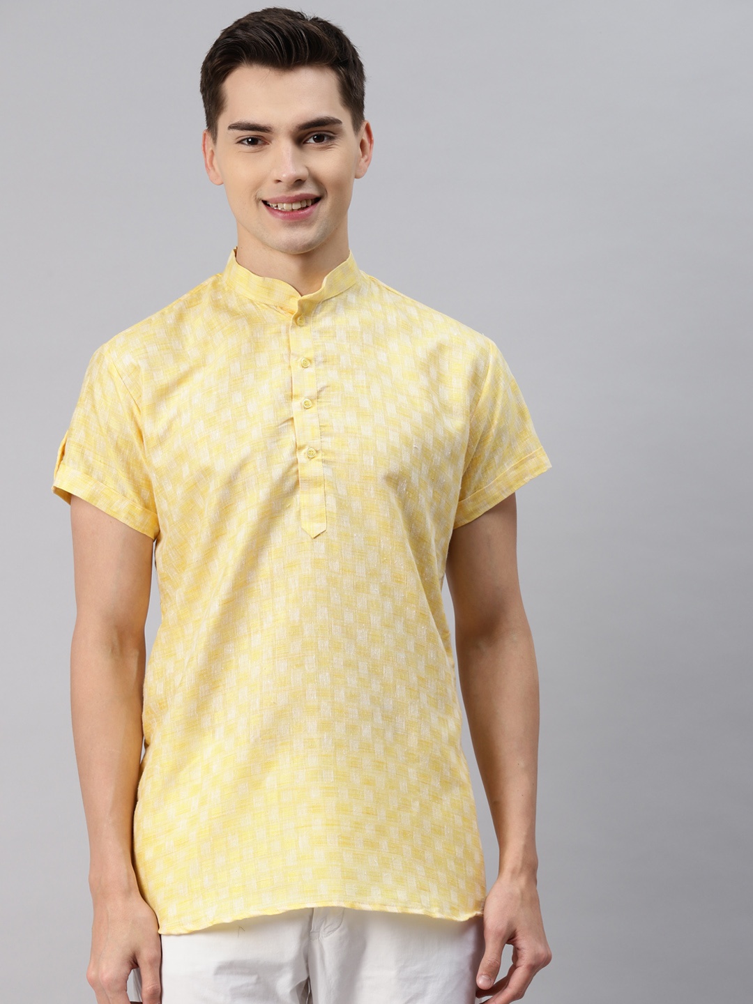 

MAG Men Yellow & White Checked Regular Kurta