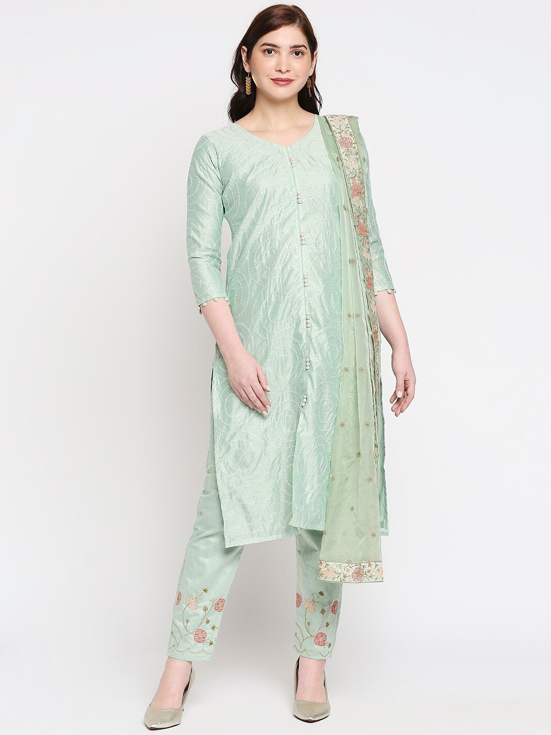 

INDYES Women Green Floral Embroidered Chanderi Silk Kurta with Trousers & Dupatta
