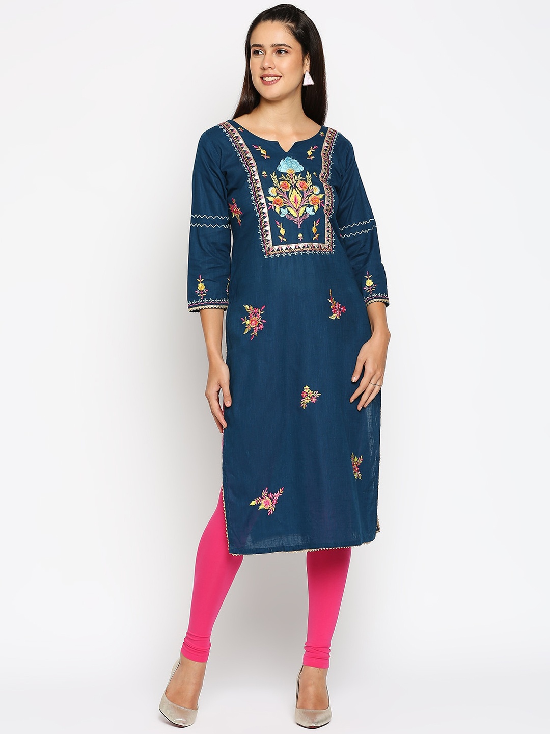 

INDYES Women Navy Blue & Pink Ethnic Motifs Embroidered Pure Cotton Kurta