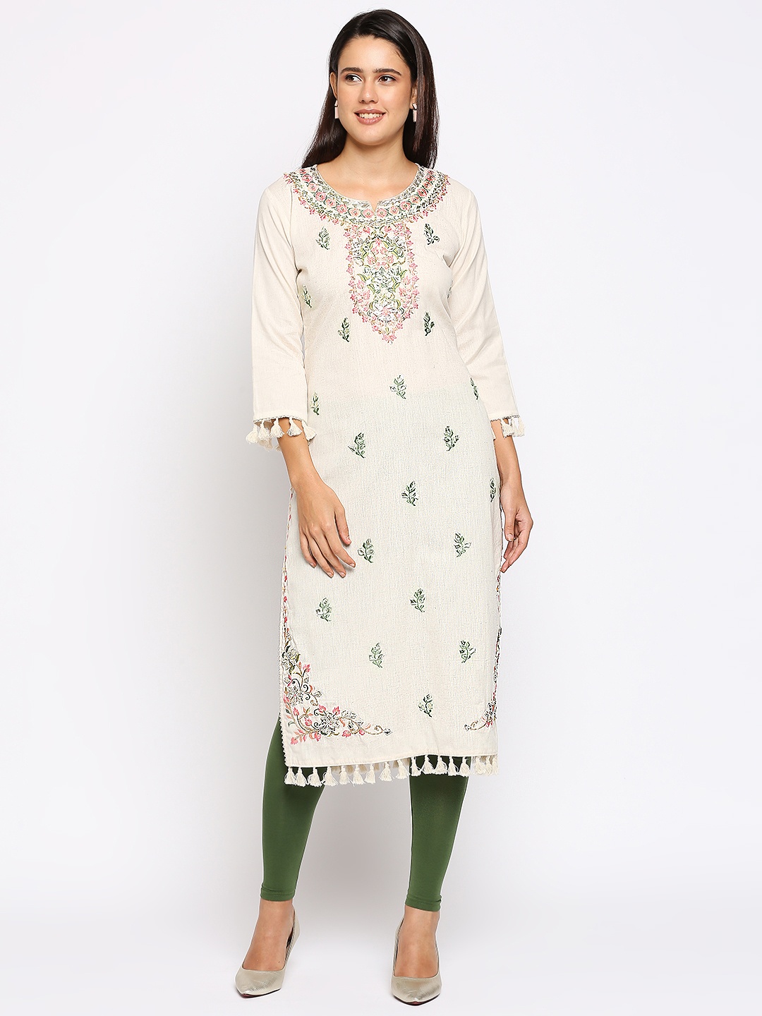 

INDYES Women Cream-Coloured Ethnic Motifs Embellished Thread Work Floral Kurta