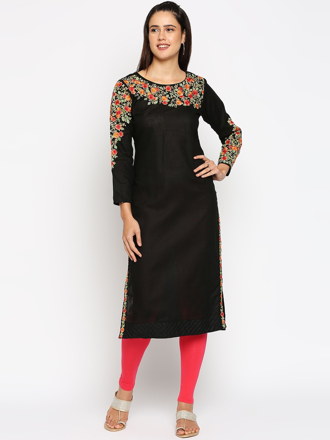 

INDYES Women Black Floral Embroidered Kurta