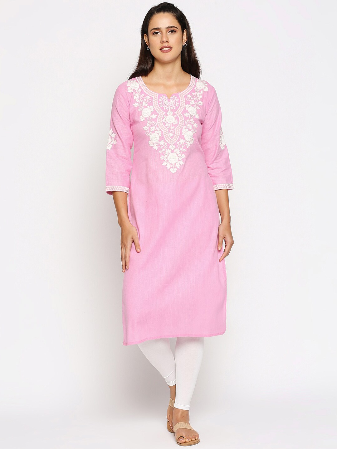 

INDYES Women Pink Floral Embroidered Flared Sleeves Thread Work Floral Kurta