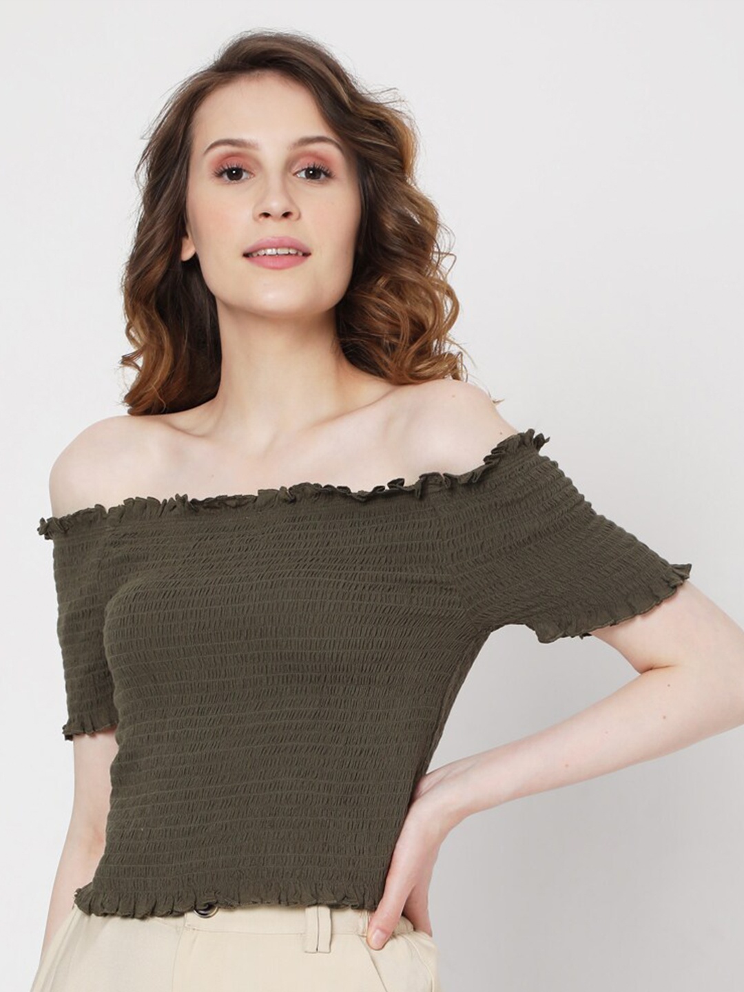 

Vero Moda Olive Green Smocked Off-Shoulder Bardot Top