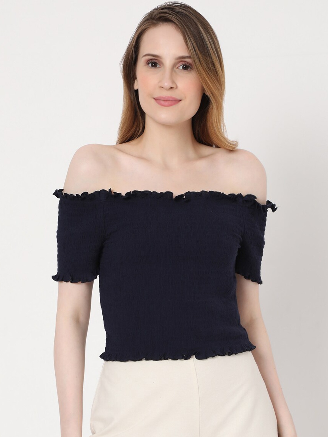 

Vero Moda Night Sky Navy Blue Smocked Off-Shoulder Bardot Top