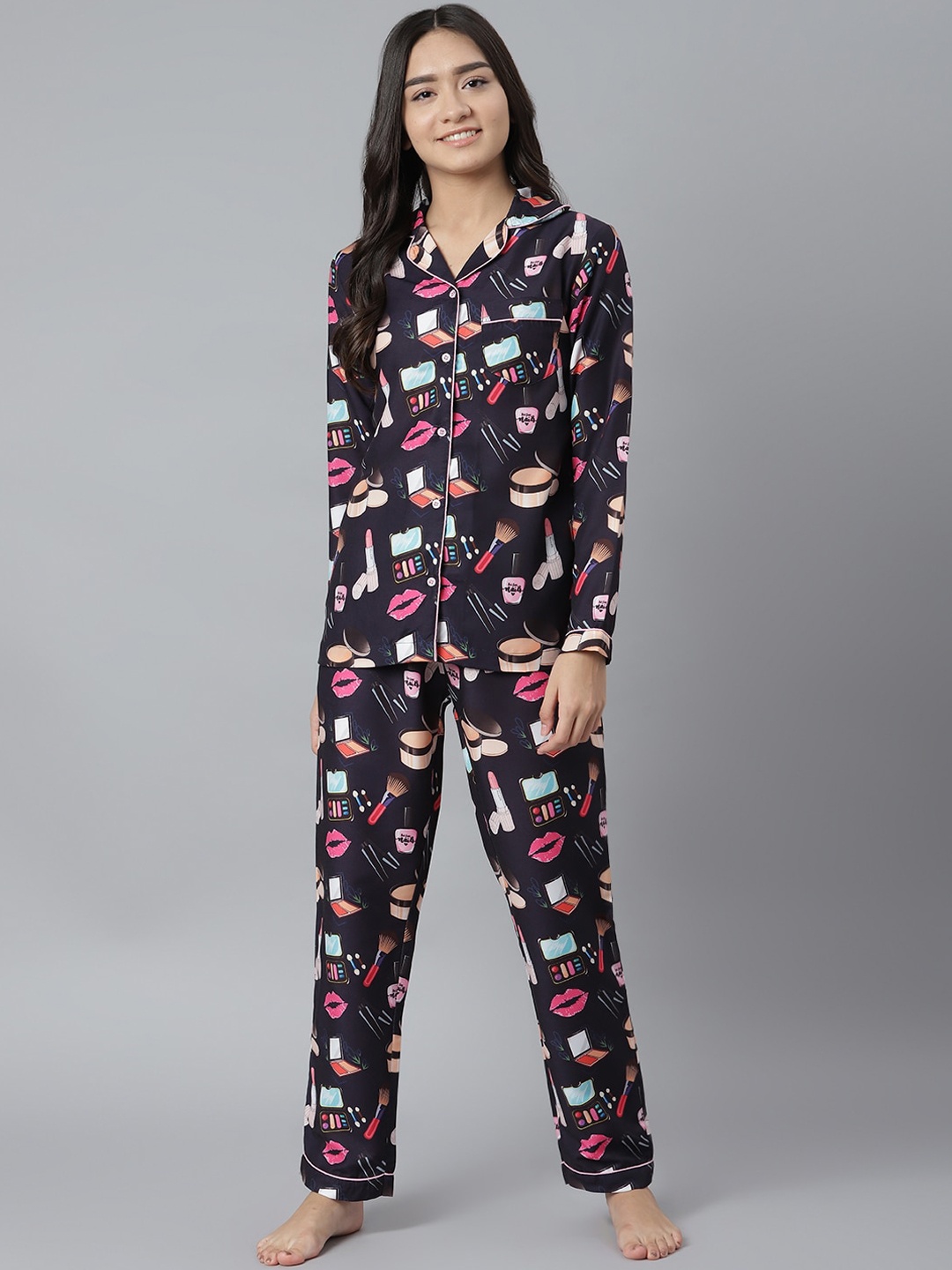 

MIDNIGHT ANGELS BY PC Women Navy Blue & Pink Conversational Printed Night Suit