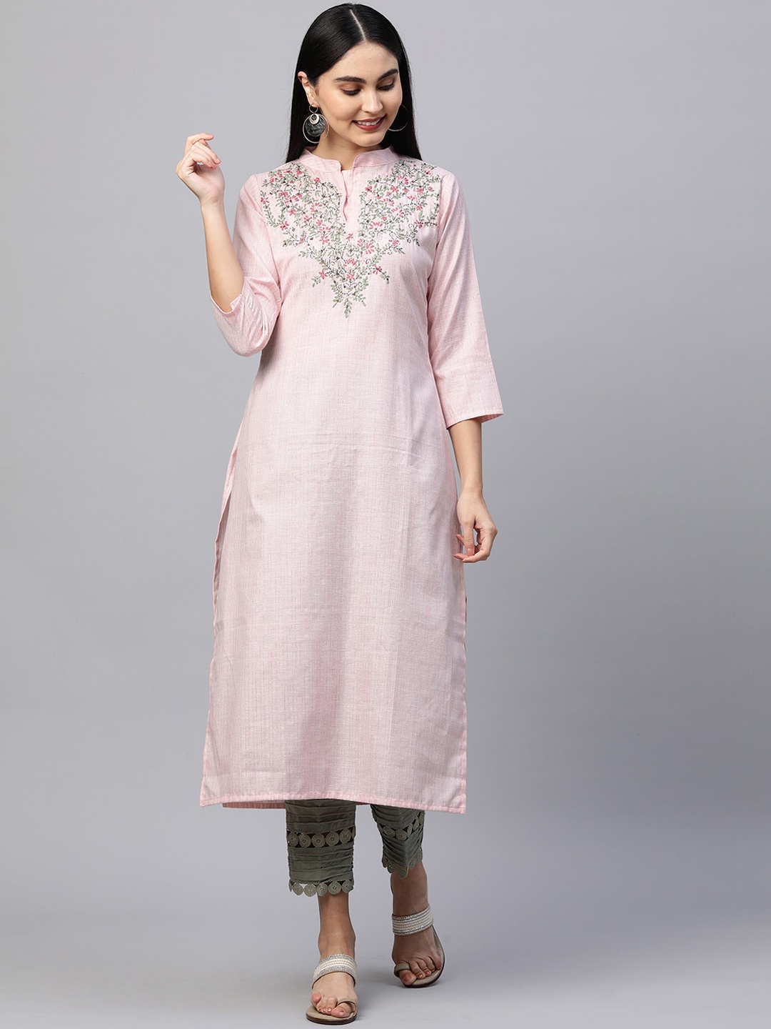 

FASHOR Women Pink Floral Hand Embroidered Yoke Design Kurta