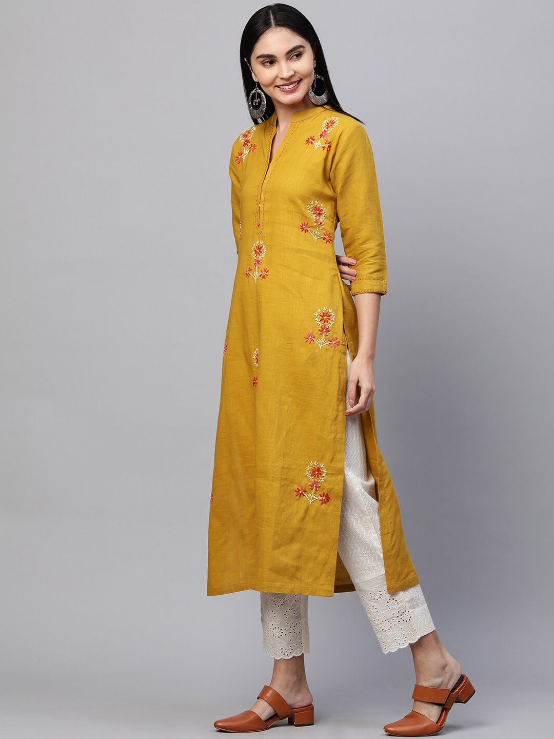 

FASHOR Women Mustard Yellow & Red Floral Embroidered Kurta
