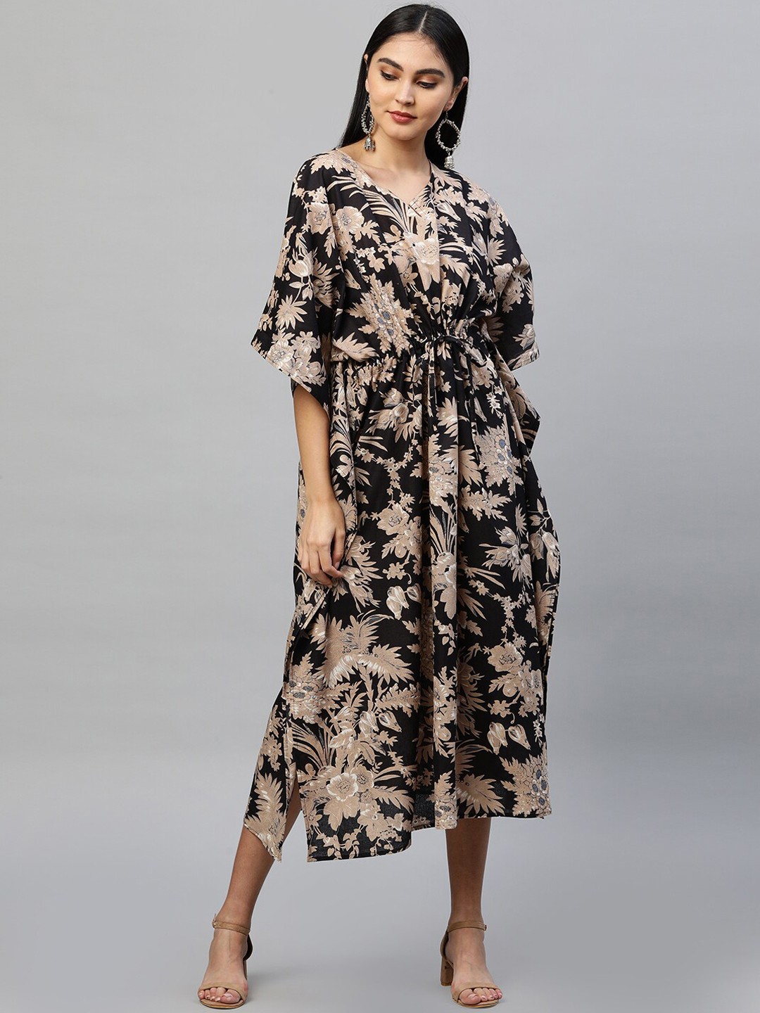 

FASHOR Black & Beige Floral Kaftan Midi Dress